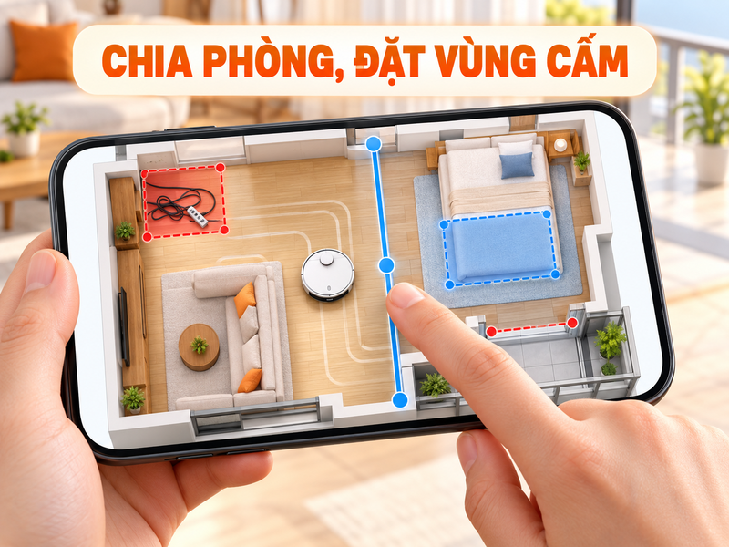 Minh họa AI chia phòng, đặt tường ảo và vùng cấm trên bản đồ robot