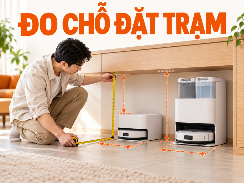 Người dùng đo khoảng sàn và chiều cao để đặt hai kiểu trạm robot