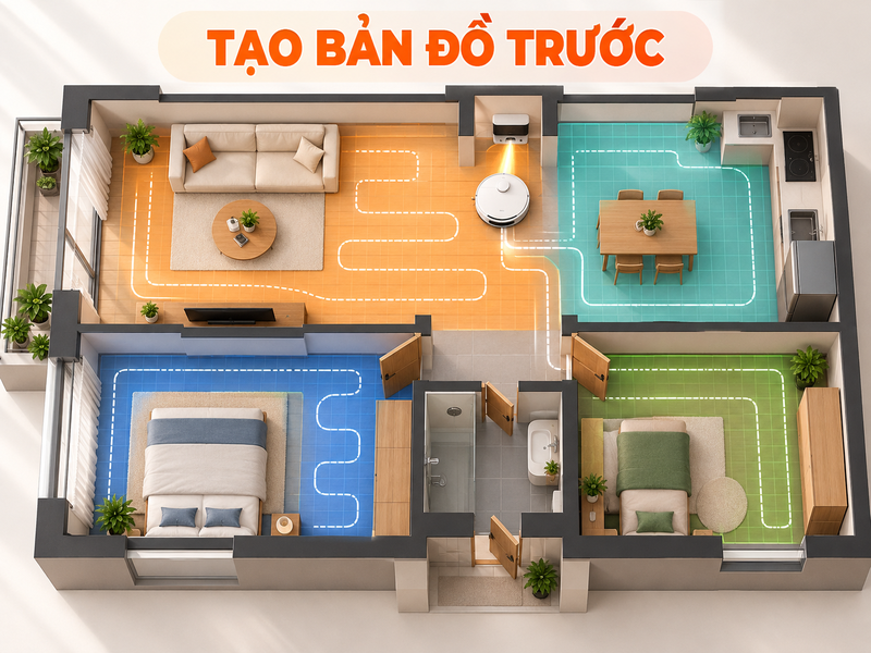 Minh họa AI robot quét trọn căn hộ để tạo bản đồ trước khi chỉnh phòng