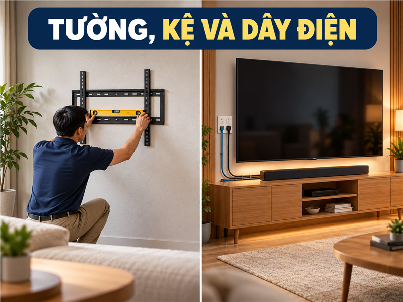 Kiểm tra tường, kệ, ổ điện và đường dây cho tivi màn hình lớn